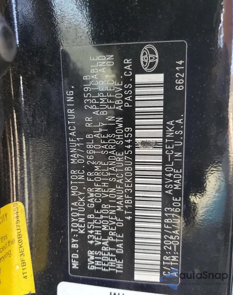 2011 Toyota Camry Base из США, поврежденный, VIN 4T1BF3EK0BU754459